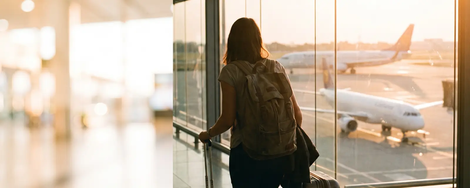 Traveller with a backpack watching planes from the terminal window